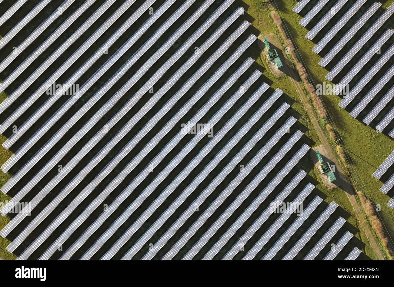 Gros plan vue aérienne presque verticale des panneaux solaires sur une ferme solaire en Angleterre, au Royaume-Uni Banque D'Images