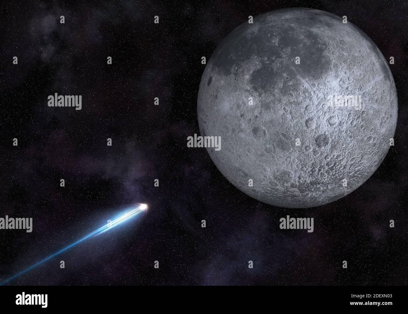 Rendu 3D d'un vaisseau spatial volant vers la lune dans l'espace étoilé - concept de voyage Banque D'Images
