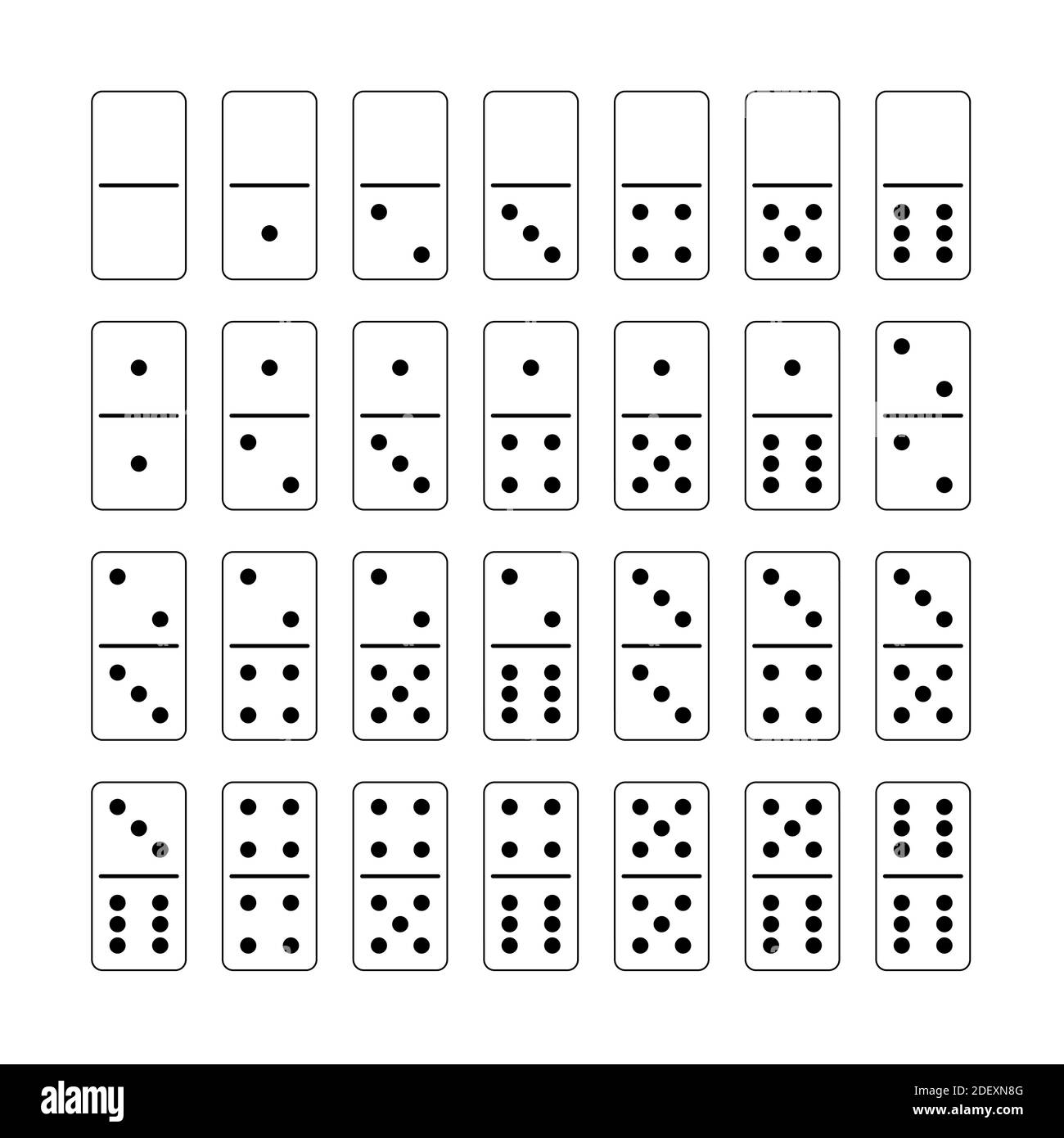 Jeu Domino. Jeu complet assorti, collection de 28 tuiles blanches disposées avec des points noirs - illustration de contour sur fond blanc. Banque D'Images