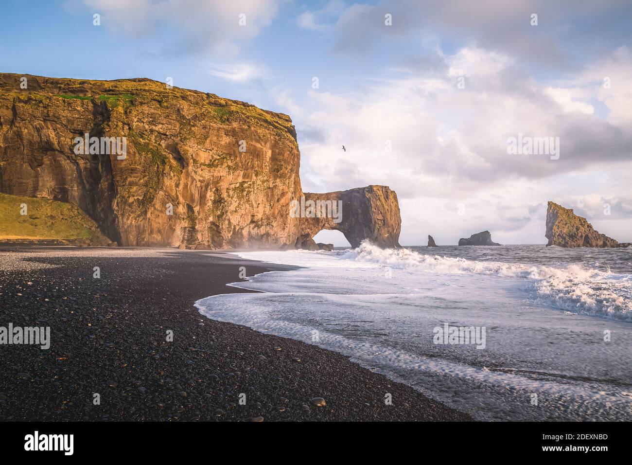 Vue en fin d'après-midi sur les piles de la mer et l'arche de mer à Dyrholaey, dans le sud de l'Islande. Banque D'Images