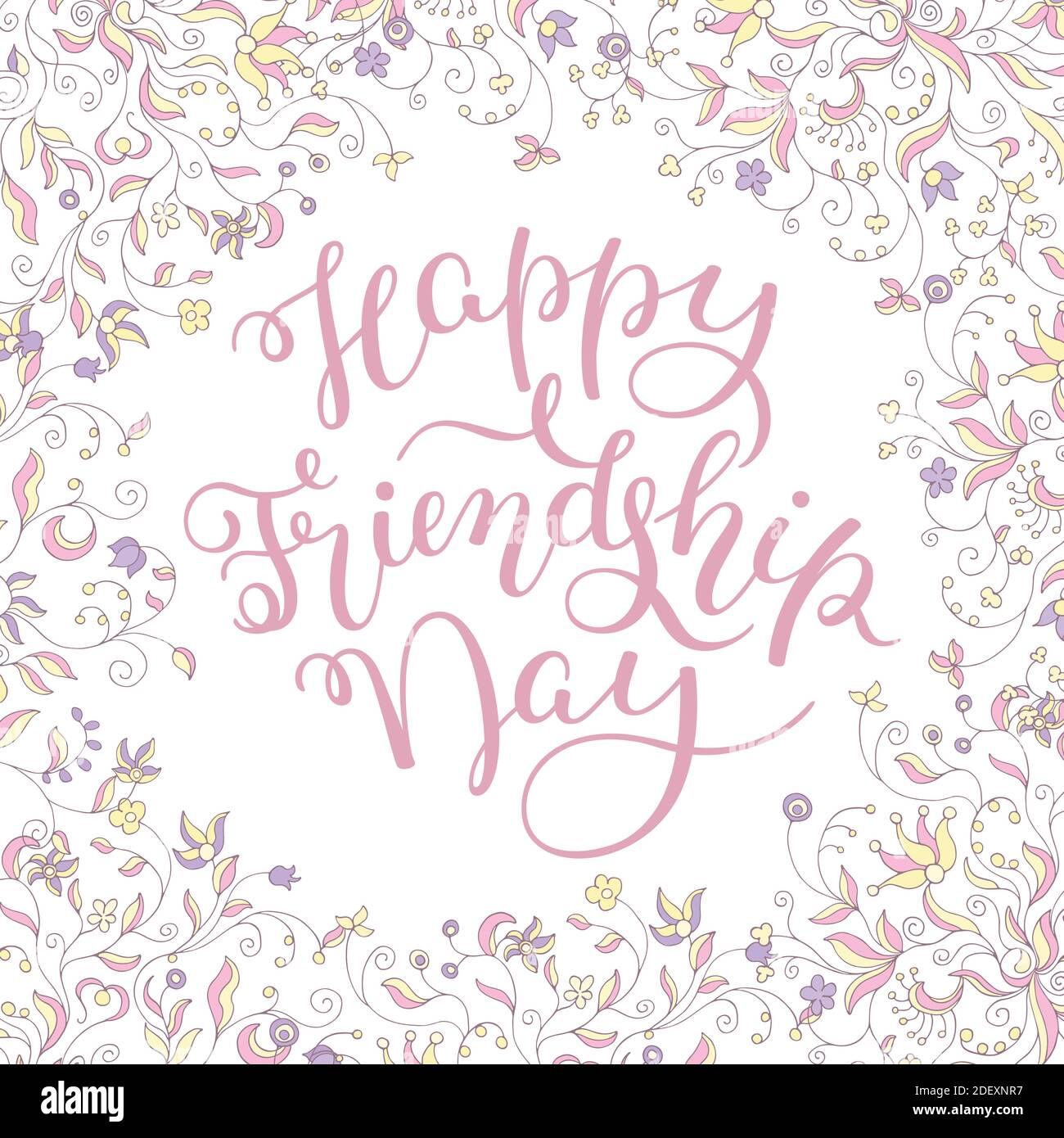 Cadre fleuri et texte à la main Happy Friendship Day. Modèle pour carte, affiche, impression. Illustration de Vecteur
