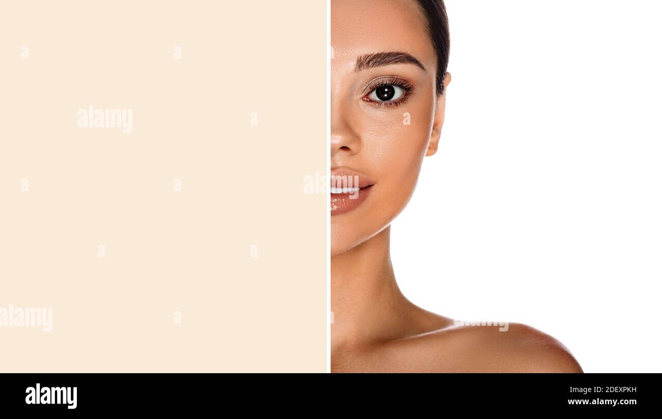 Publicité pour les soins de la peau. portrait de beauté femme de race mixte avec une peau de visage fraîche et éclatante naturelle Banque D'Images
