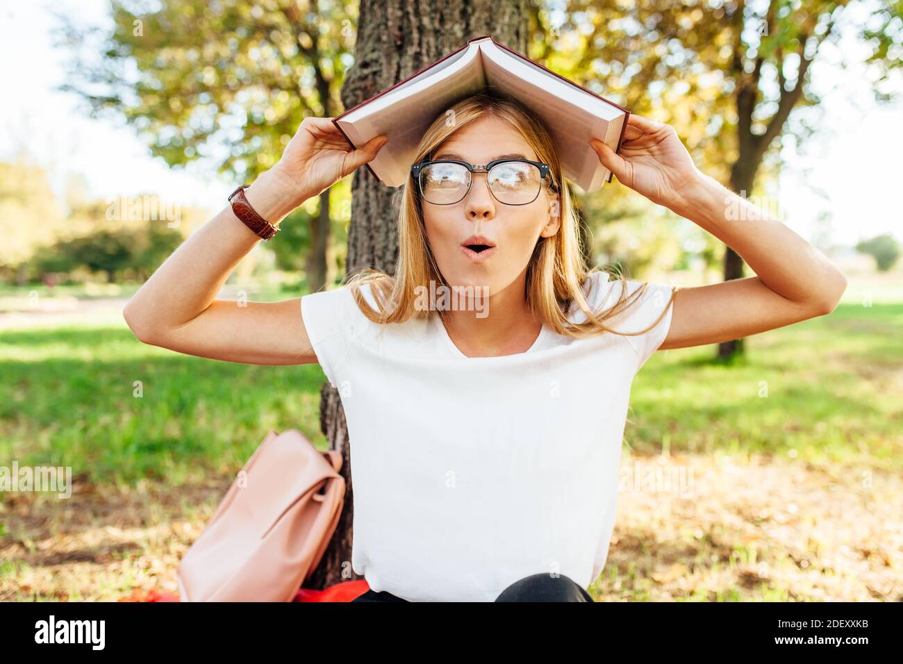Jeune élève positif avec des lunettes, drôle posant avec un livre sur sa tête, dans le Parc assis sur une couverture rouge Banque D'Images