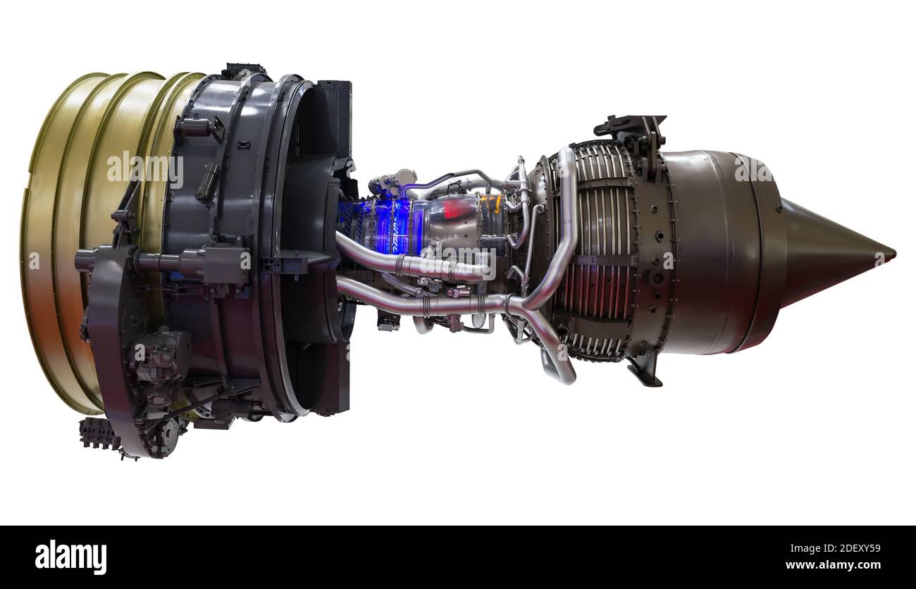 Mécanisme de turbine plane. Gros plan d'une turbine de moteur à gros jet Banque D'Images