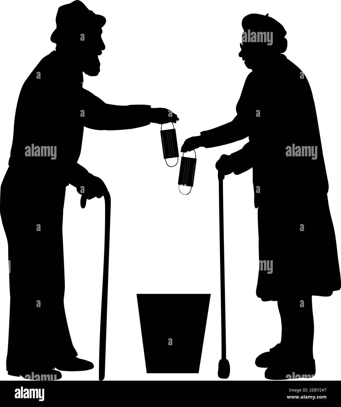 Silhouette des grands-parents jette un masque médical dans les ordures. Icône de symbole d'illustration Illustration de Vecteur