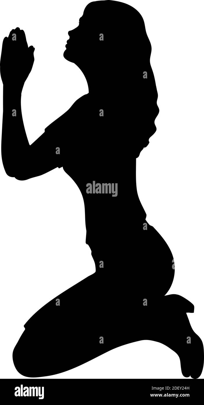 Silhouette de femme assise sur ses genoux priant pour demander de l'aide. Icône de symbole d'illustration Illustration de Vecteur