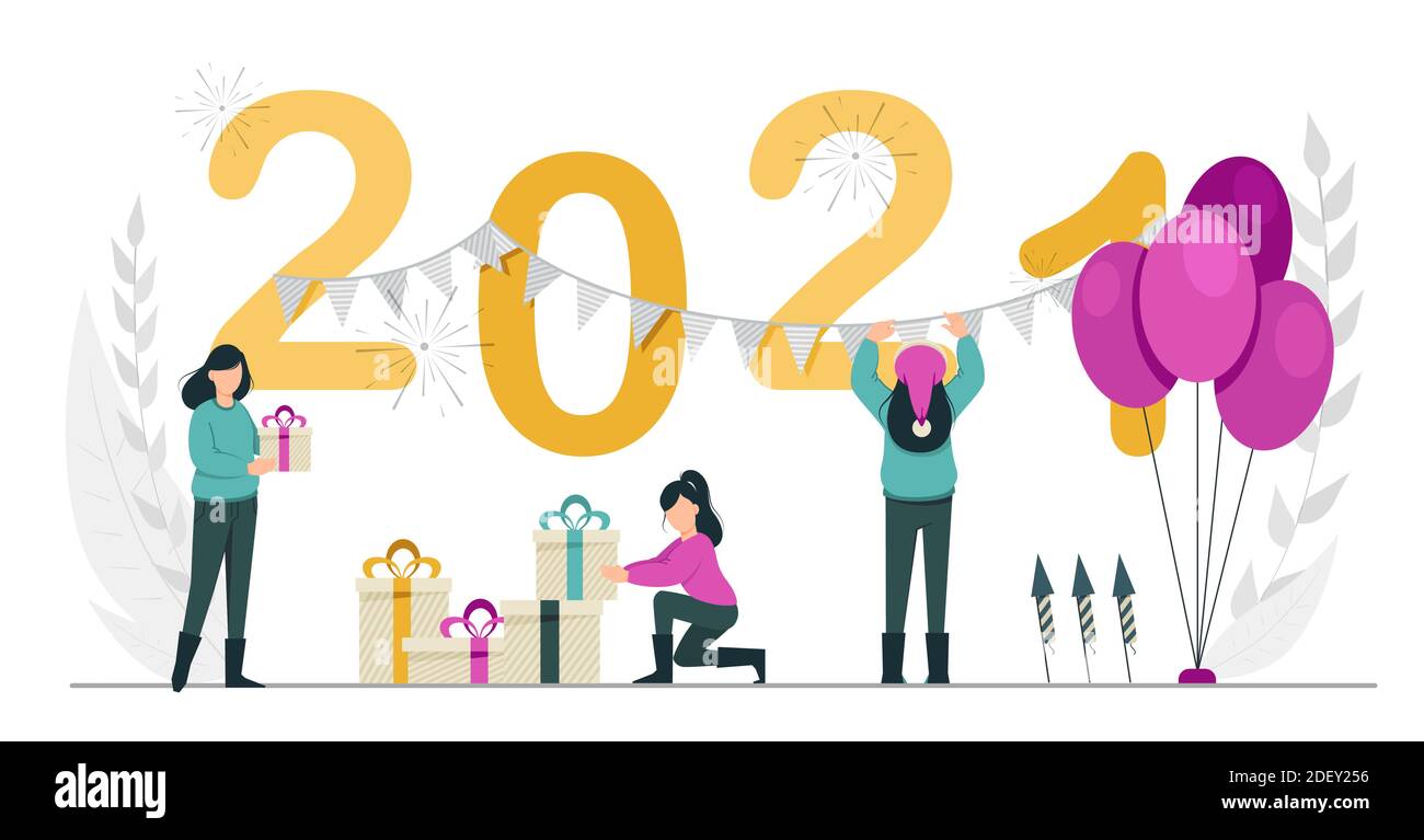 Vecteur de brut. Bonne année 2021. Femmes se préparant à la célébration. Illustration vectorielle Illustration de Vecteur