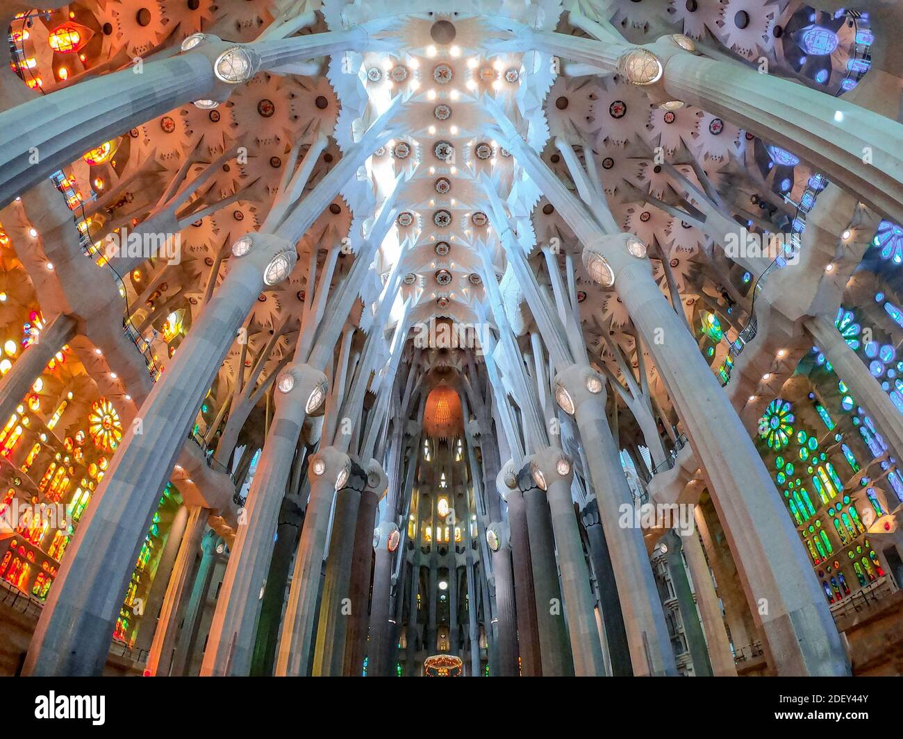 LE plafond DE BARCELONE et les colonnes de la basilique i Temple Expiatori De la Sagrada Familia (Basilique et église d'Expiatoire de la Sainte famille) à Barcelone Banque D'Images