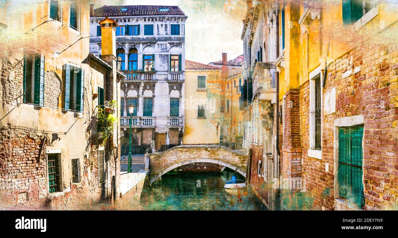 Rue vénitienne et canaux. Photo artistique dans le style de la peinture Venise, Italie Banque D'Images