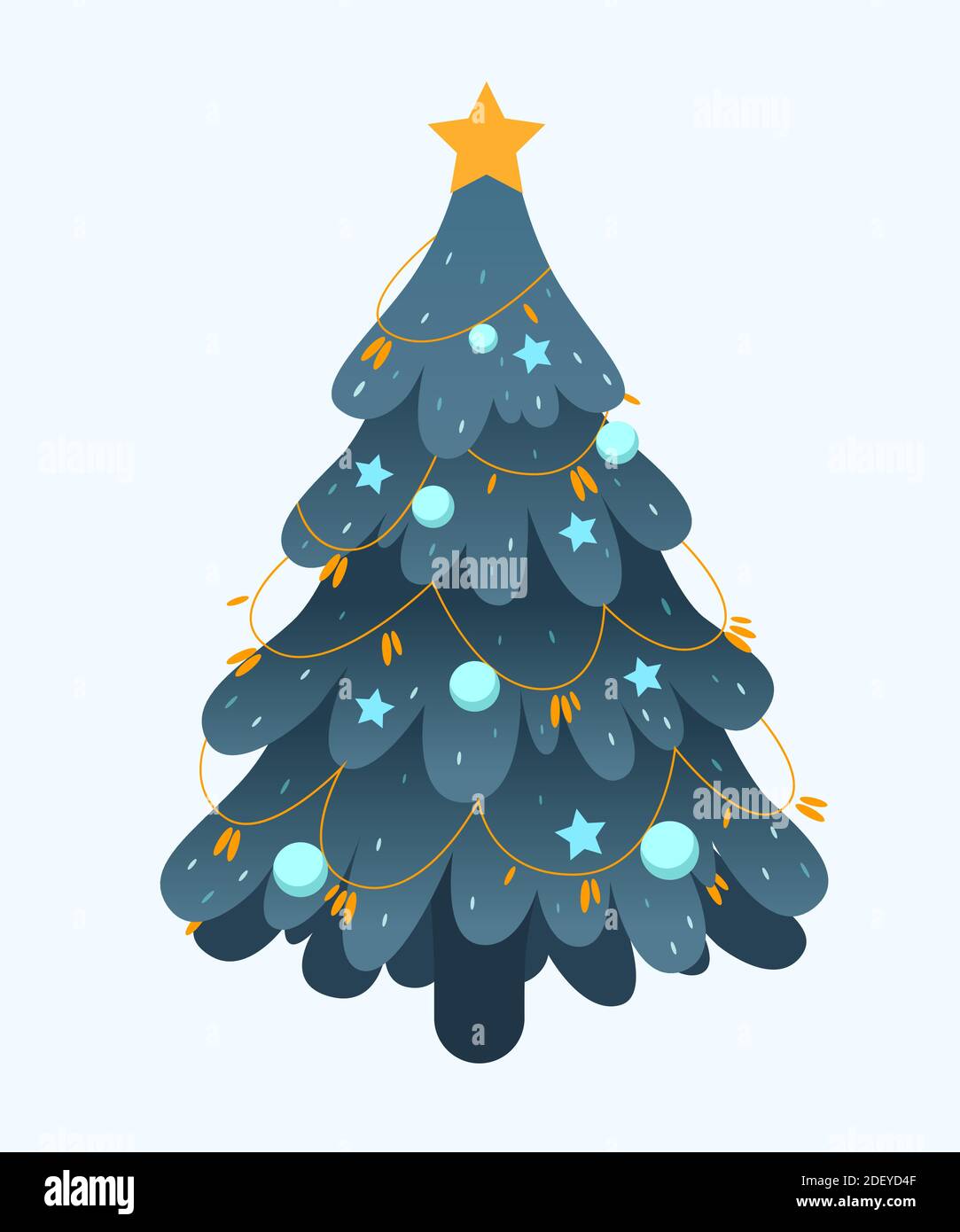 Arbre de Noël décoré d'étoiles, de boules et de guirlande perlée, isolé sur fond blanc. Carte de vœux, affiche, icône pour le nouvel an et le joyeux Noël. Style de dessin animé. Illustration vectorielle Illustration de Vecteur