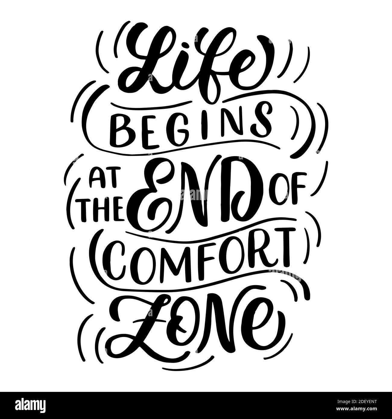 Image vectorielle avec inscription - la vie commence à la fin de la zone de confort - sur fond blanc. Pour la conception de cartes postales, affiches, bannières, noteboo Illustration de Vecteur