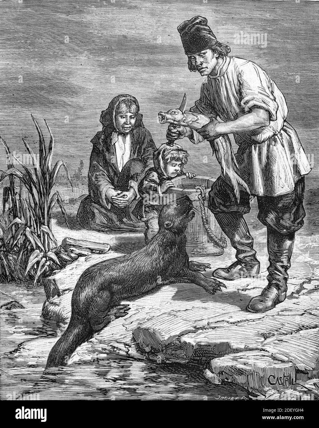 Pêcheur nourrissant de la Tame Otter, probablement une North American River Otter, Lontra canadensis, avec du poisson frais aux États-Unis, aux États-Unis ou aux États-Unis (Engr Castelli, 1884) gravure ou illustration d'époque Banque D'Images