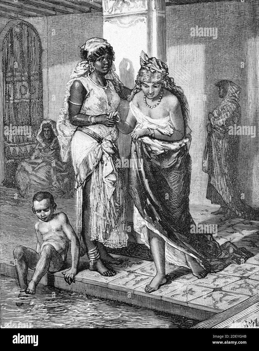 Femme marocaine et maid ou esclave africain dans un bain public, hammam, hammam, salle de bain publique ou bains turcs Maroc (Engr Castelli, 1884) gravure ou illustration d'époque Banque D'Images