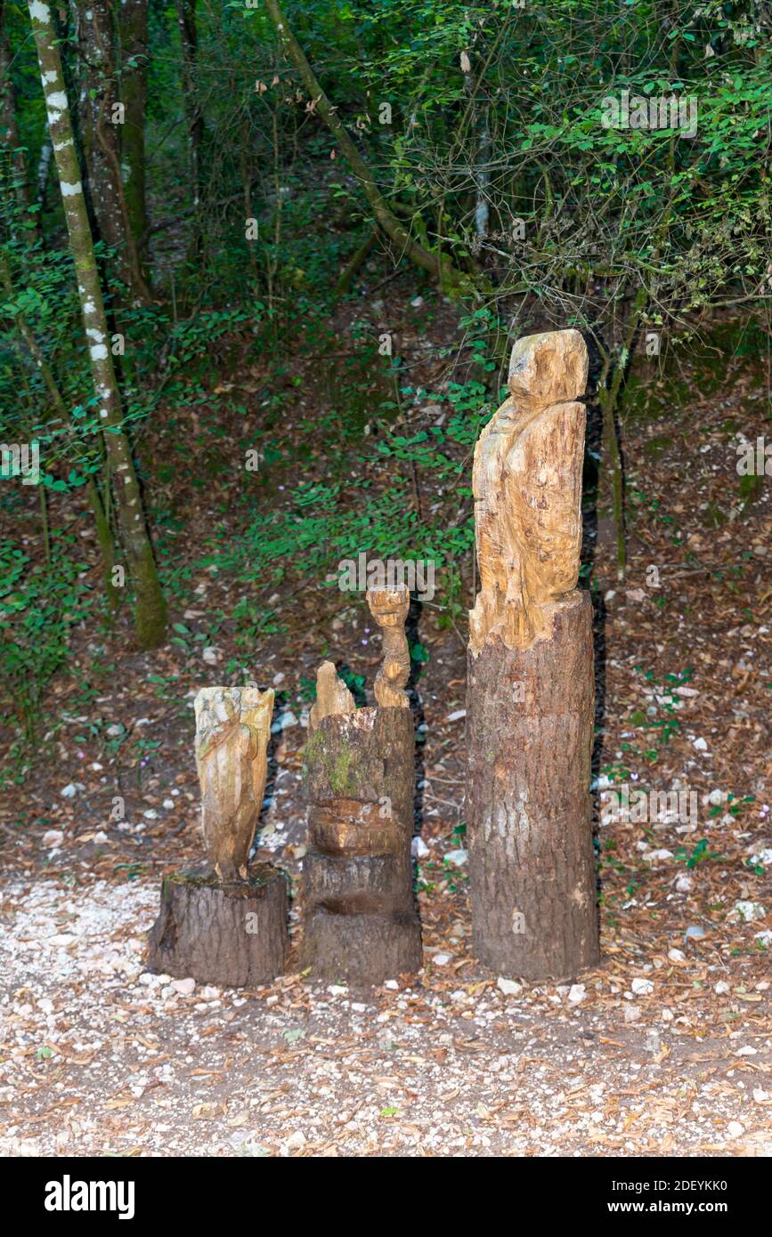 totem en bois incrusté en forme de hibou positionné dans les bois Banque D'Images