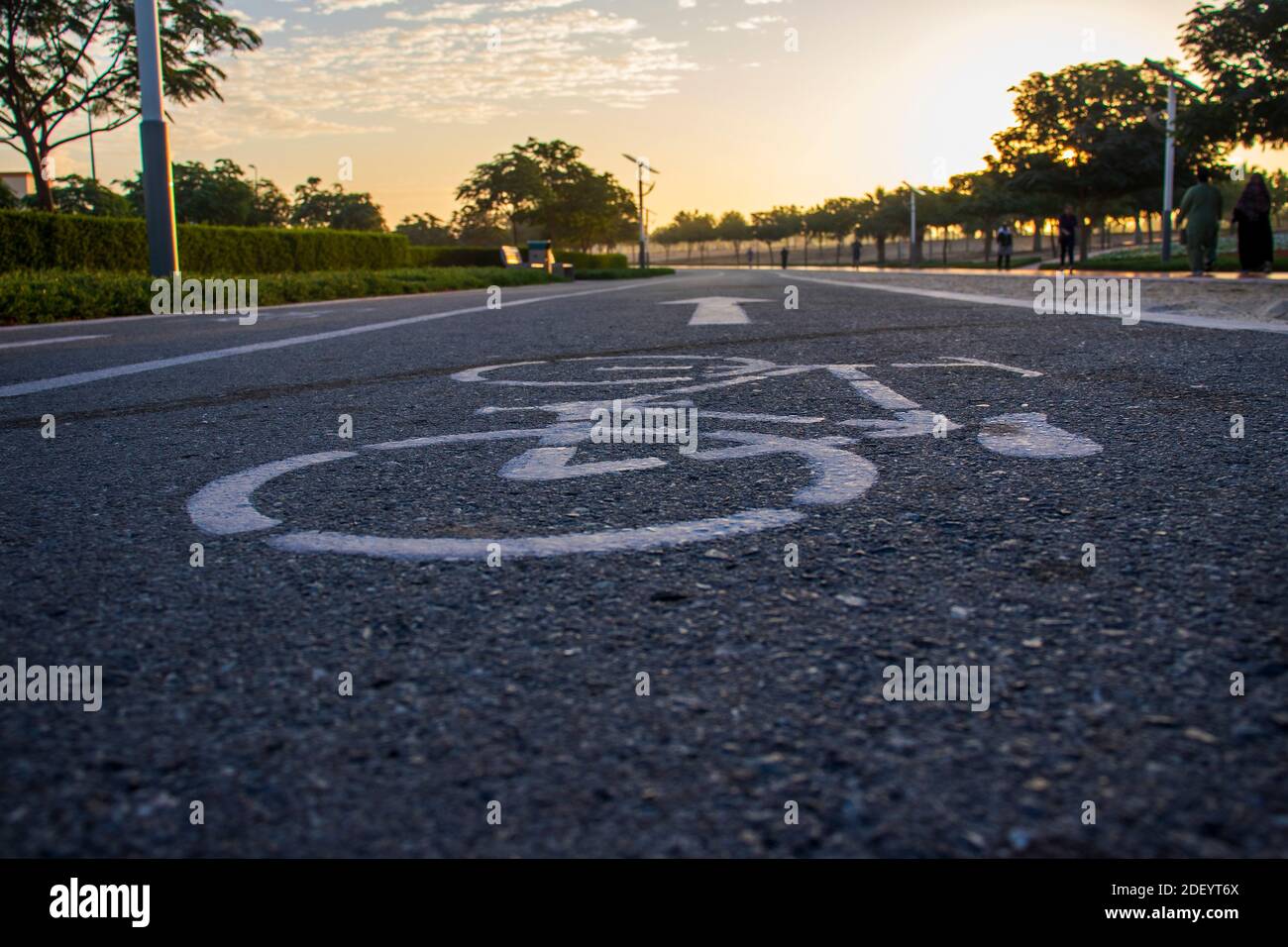 Pistes de jogging et de vélo dans le parc Al Warqa, Dubaï, Émirats arabes Unis tôt le matin. Le poteau de lampe alimenté par des panneaux solaires peut être vu dans l'image. À l'extérieur Banque D'Images