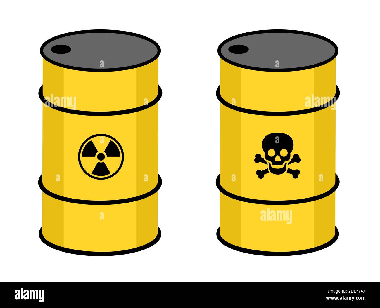 Baril avec substance radioactive et toxique. Symbole de radioactivité et de toxicité sur le contenant jaune. Déchets nucléaires et atomiques ou produits chimiques Banque D'Images