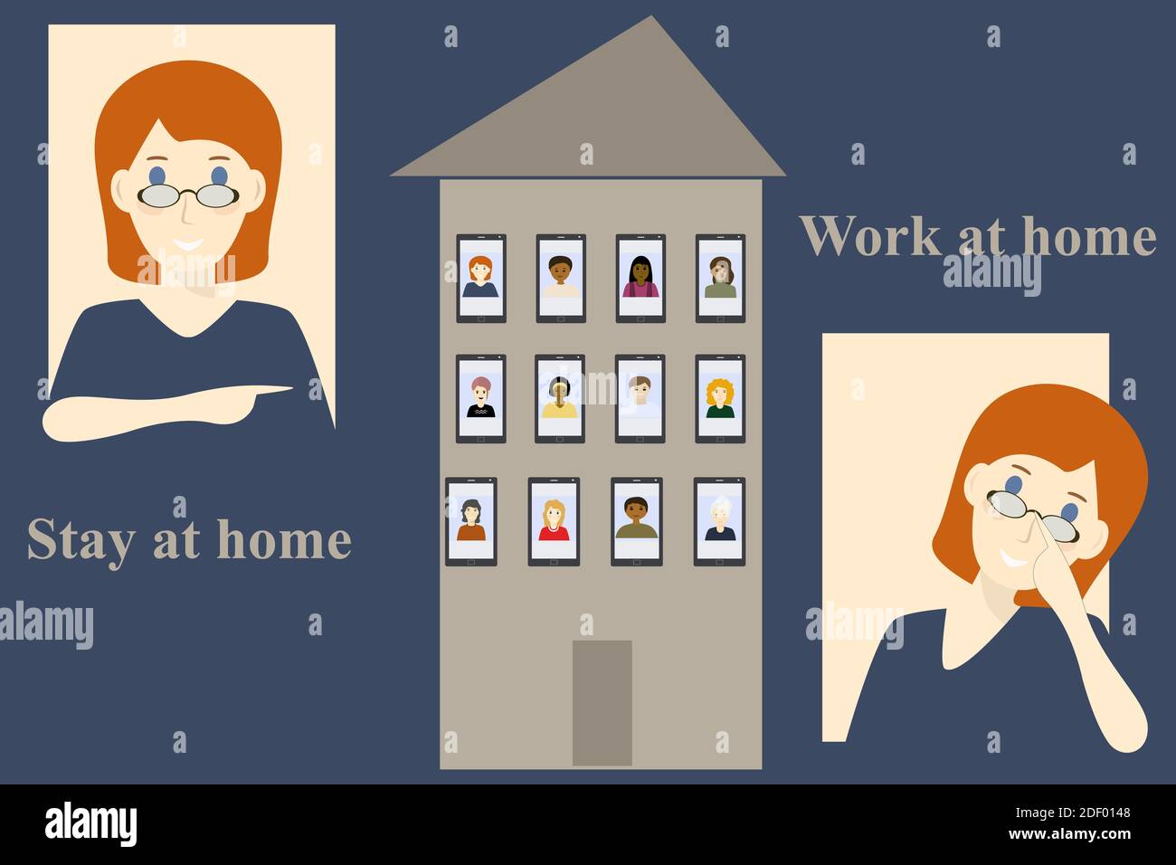 Travailler et apprendre à la maison. Les femmes et les hommes communiquent en ligne. Place pour votre texte. Illustration vectorielle Illustration de Vecteur