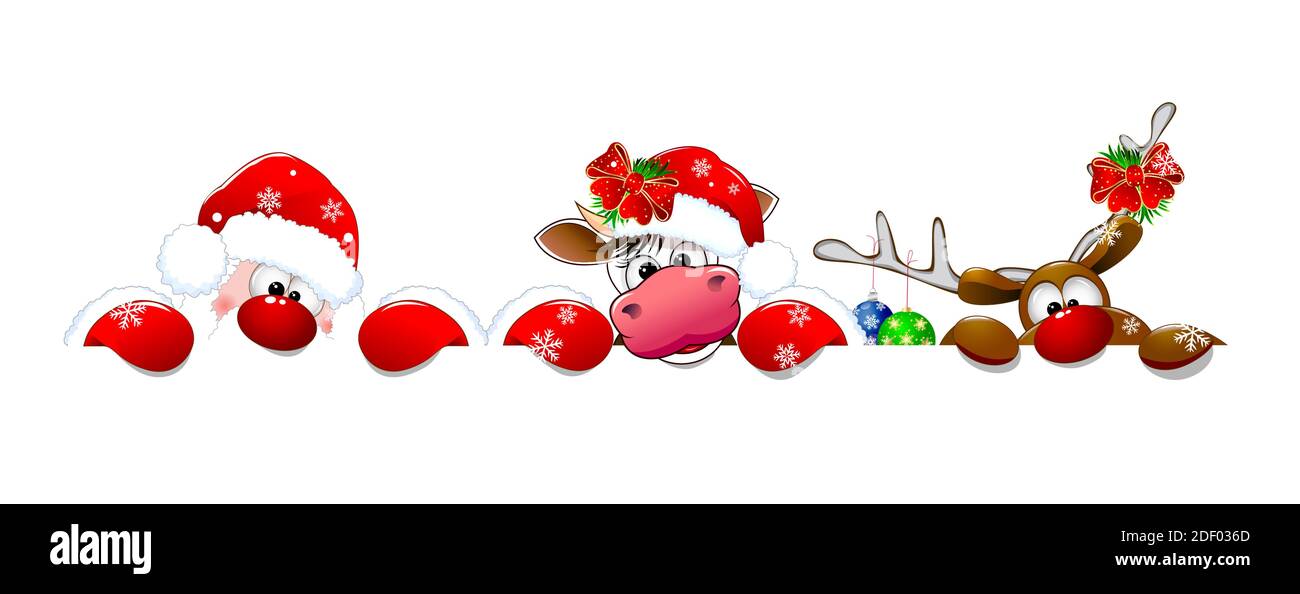 Le Père Noël, cerf et vache sur fond blanc. Les personnages de dessin animé de Noël sont habillés dans un chapeau de père Noël et décorés de décorations de Noël. Illustration de Vecteur