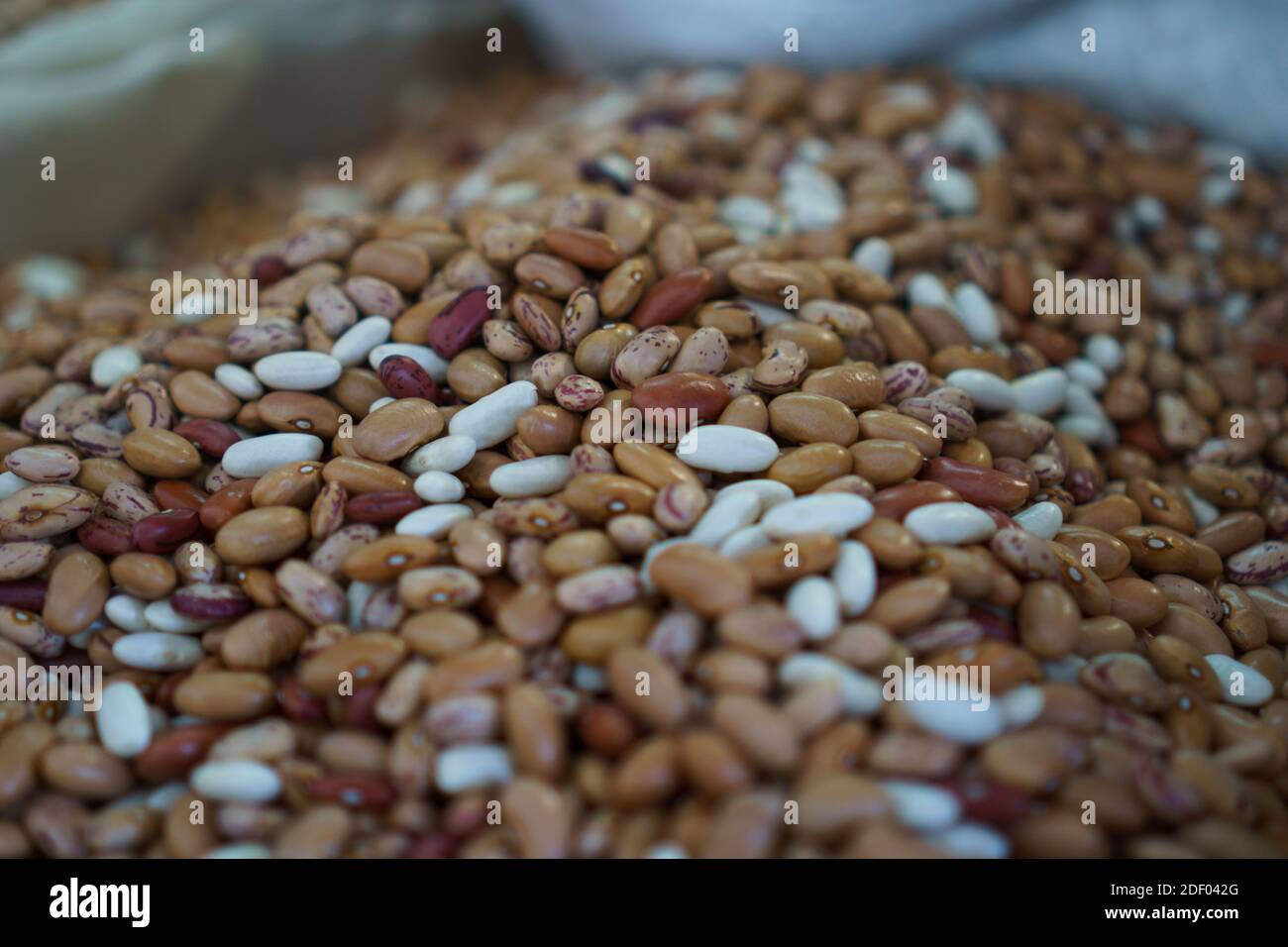 Gros plan d'un sac de haricots bruns et blancs. Banque D'Images