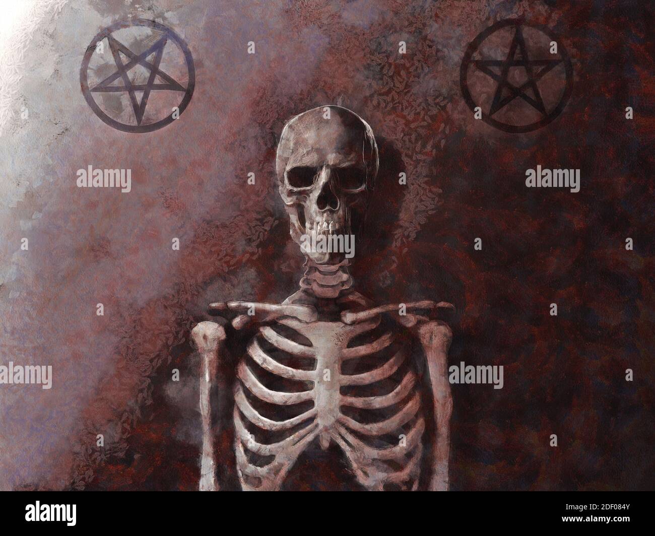Squelette humain. Des pentagrammes magiques sur le mur. Travail artistique sur le thème de l'ésotéricisme Banque D'Images