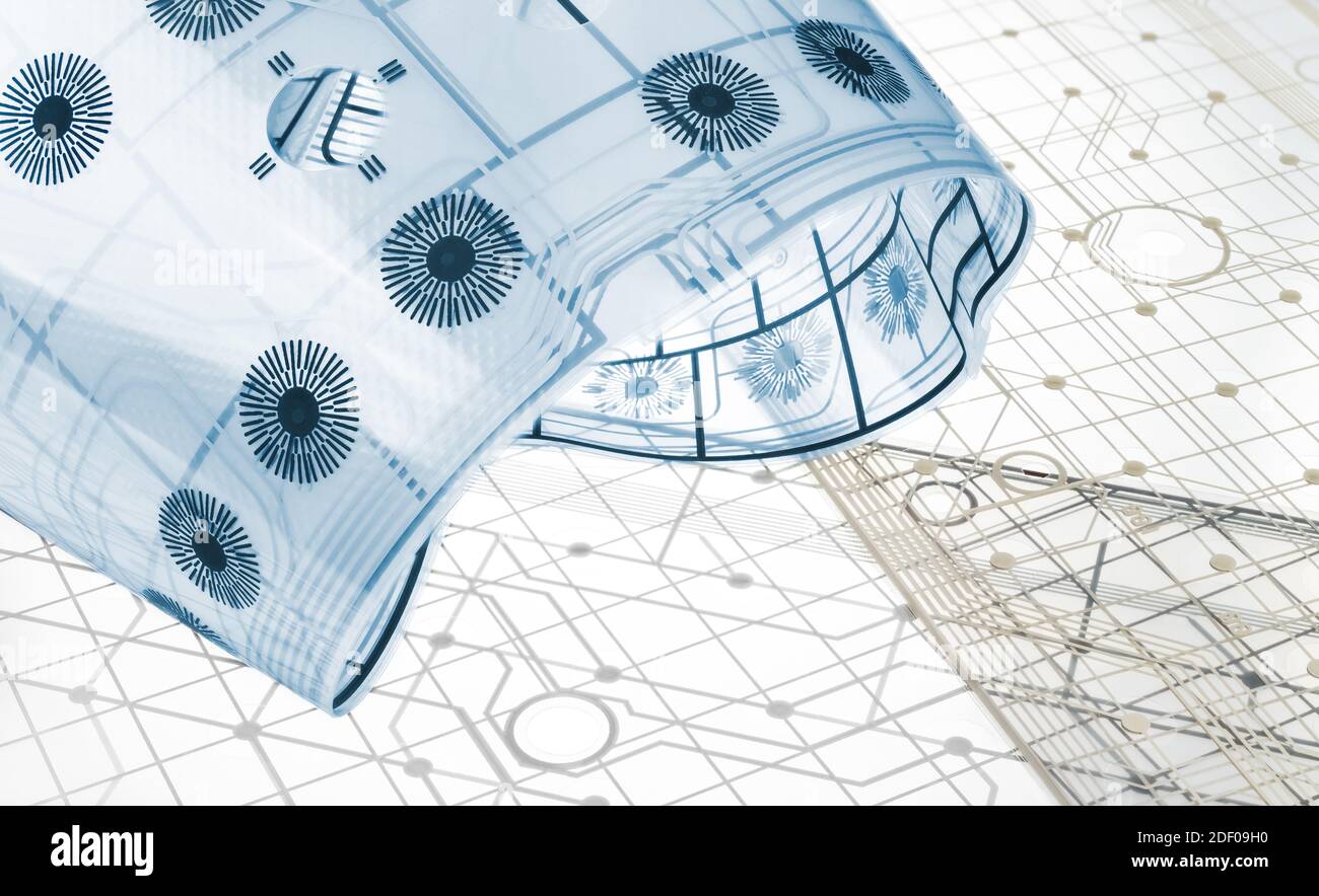 La carte de circuit imprimé électronique flexible bleue se courbait en rouleau sur un fond blanc abstrait. Détaillez les membranes en plastique depuis l'intérieur du clavier de l'ordinateur. Tech. Banque D'Images