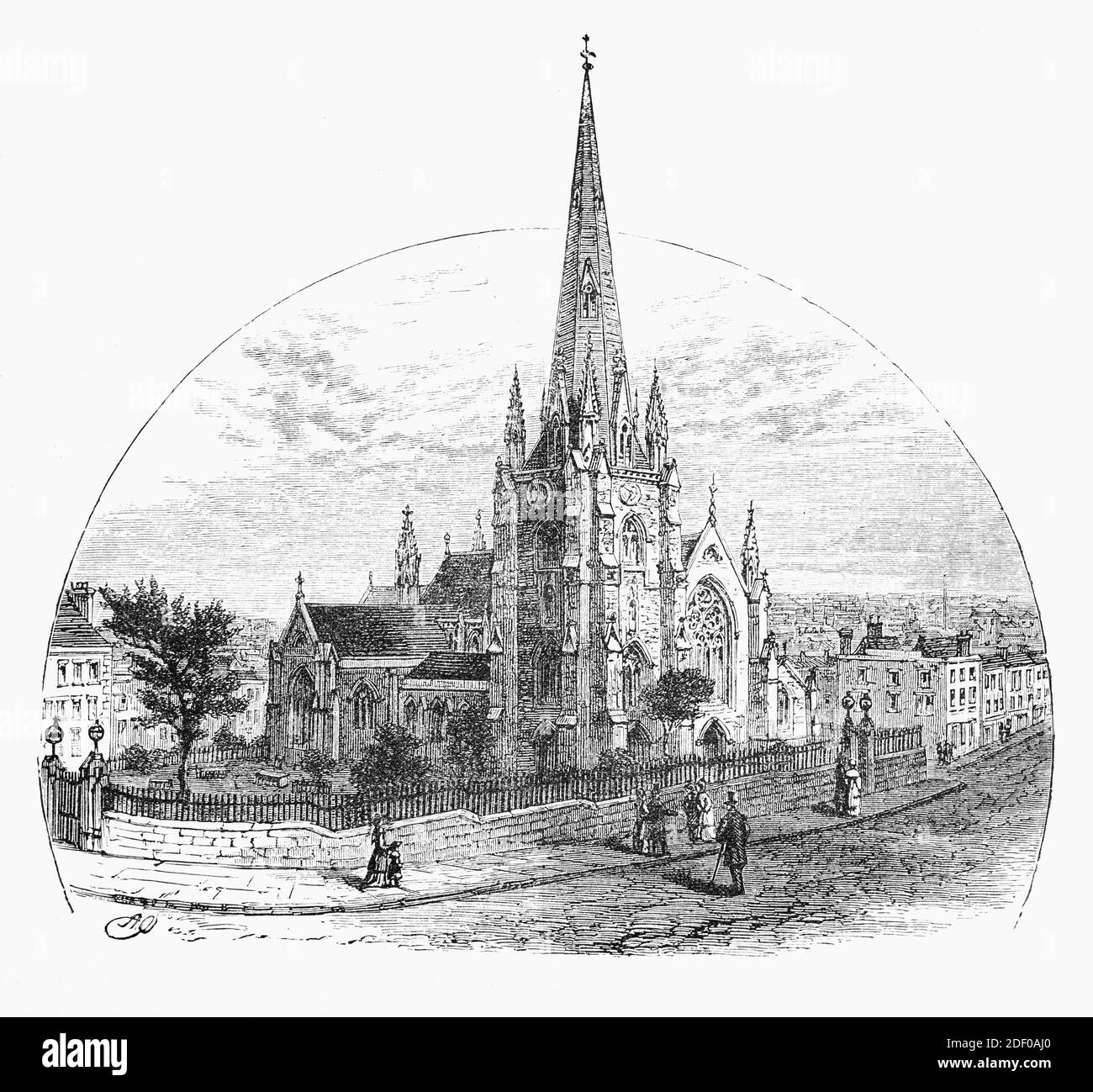 Vue du XIXe siècle sur l'église Saint-Martin de Birmingham Bull Ring, l'église paroissiale originale de Birmingham, en Angleterre. L'église précédente a été démolie en 1873, et reconstruite par l'architecte J. A. Chatwin, en préservant la tour et la flèche précédentes. Au cours de la démolition, des peintures murales médiévales et des décorations ont été découvertes dans le choeur, y compris un montrant la charité de Saint Martin divisant son manteau avec un mendiant. Banque D'Images