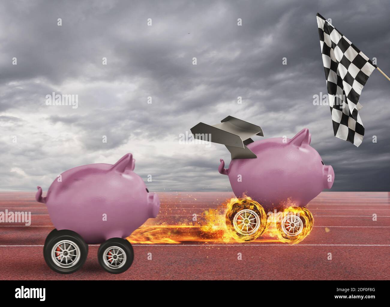 Piggy banque avec roue comme une aile de voiture contre les concurrents. Concept d'augmentation rapide de l'argent. Banque D'Images