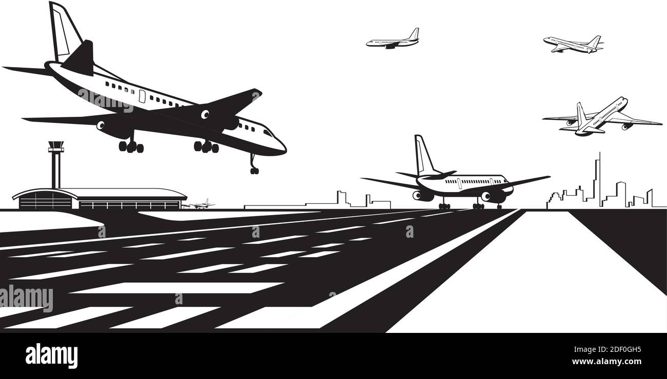 Atterrissage et décollage d'avions sur piste à l'aéroport - illustration vectorielle Illustration de Vecteur