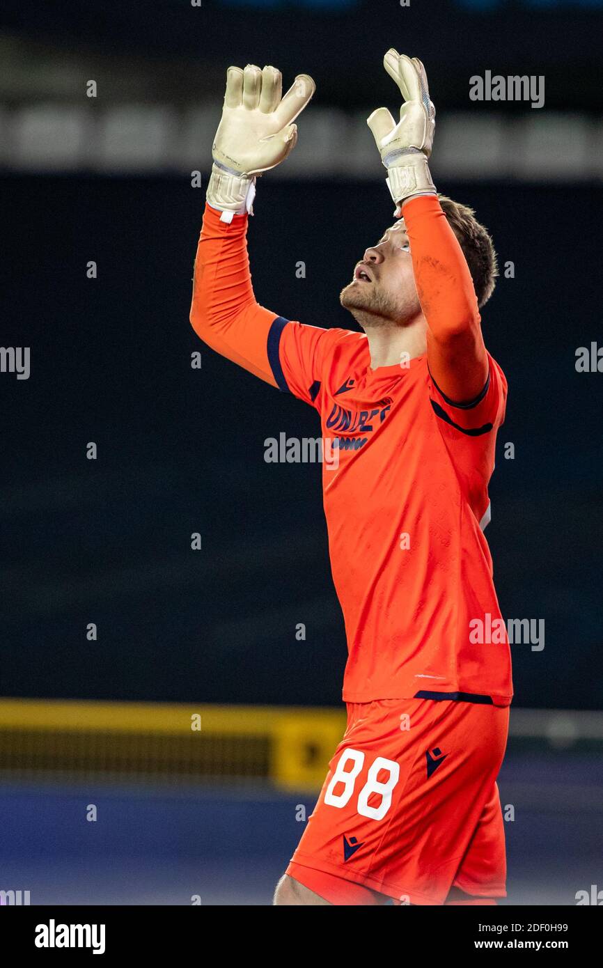 Simon Mignolet, gardien de but du club, célèbre après avoir remporté un match de football entre le Club belge Brugge KV et le FC russe Zenit Saint-Pétersbourg, mercredi Banque D'Images