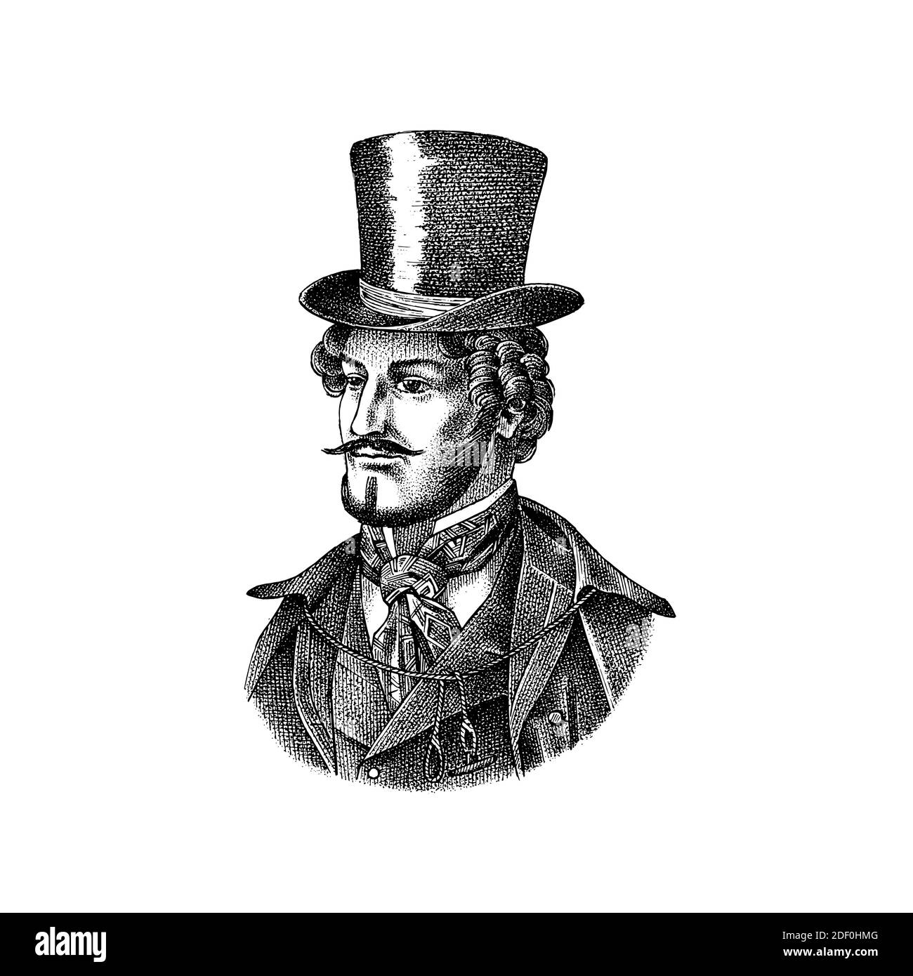 Homme victorien avec chapeau et moustache. Homme dans un style rétro vintage. Illustration vectorielle. Ancien caractère monochrome. Gravé à la main Illustration de Vecteur