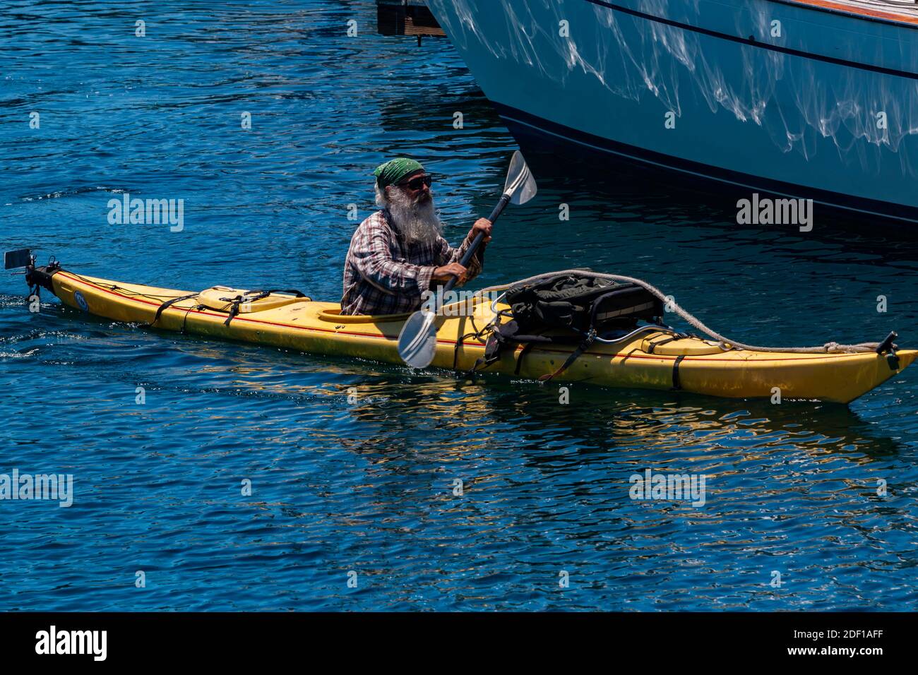 Un kayakiste barbu pagaille son chemin parmi les voiliers de Port de plaisance de la baie de Monterey Banque D'Images