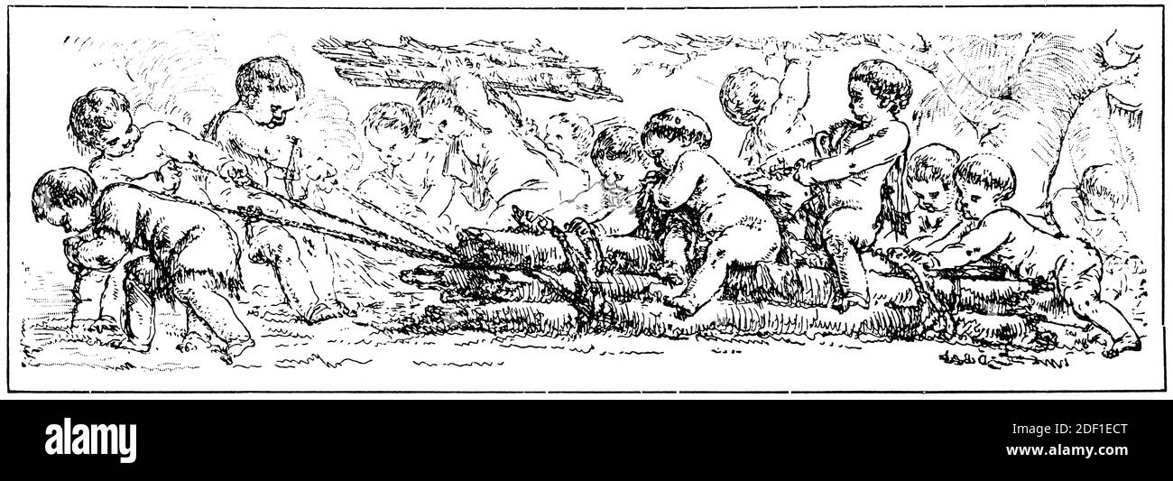 Enfants (anges) pour diverses activités, séparateur de chapitre dans un livre. Illustration du 19e siècle. Arrière-plan blanc. Banque D'Images