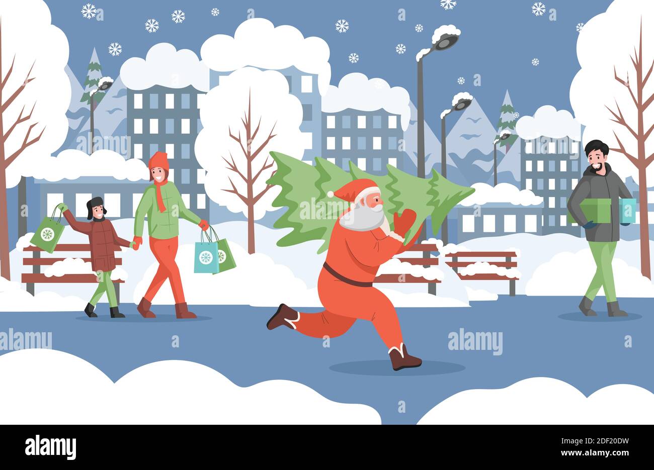 Santa Claus courir avec l'arbre de Noël, les gens dans les vêtements chauds marchant dans le parc de la ville d'hiver, les boîtes de transport et les sacs de shopping vecteur illustration plate. Préparation du concept de Noël et du nouvel an. Illustration de Vecteur