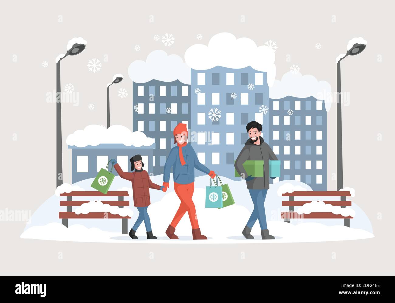 Bonne famille se préparant pour Noël et les fêtes du nouvel an illustration vectorielle plate. Sacs de transport pour homme, femme et garçon avec cadeaux. Homme, femme et garçon dans des vêtements chauds passant du temps en ville d'hiver. Illustration de Vecteur