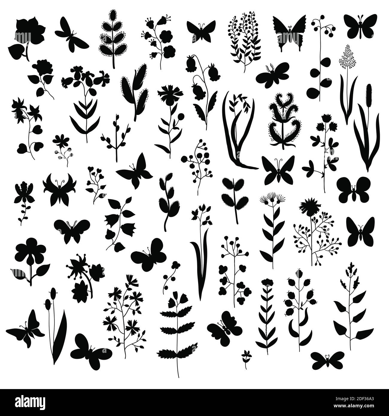 Grand ensemble de silhouettes noires de fleurs, de branches, de feuilles, d'autres éléments végétaux et de papillons isolés sur blanc. Illustration de Vecteur