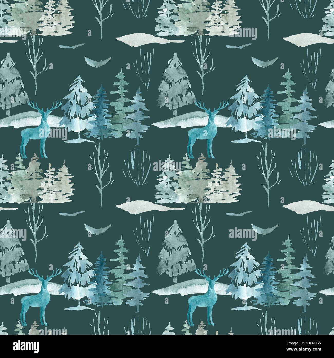 Forêt mystérieuse d'hiver scandinave avec motif sans couture sur fond vert. Illustration aquarelle des animaux des bois, des pins, des collines, des oiseaux Banque D'Images