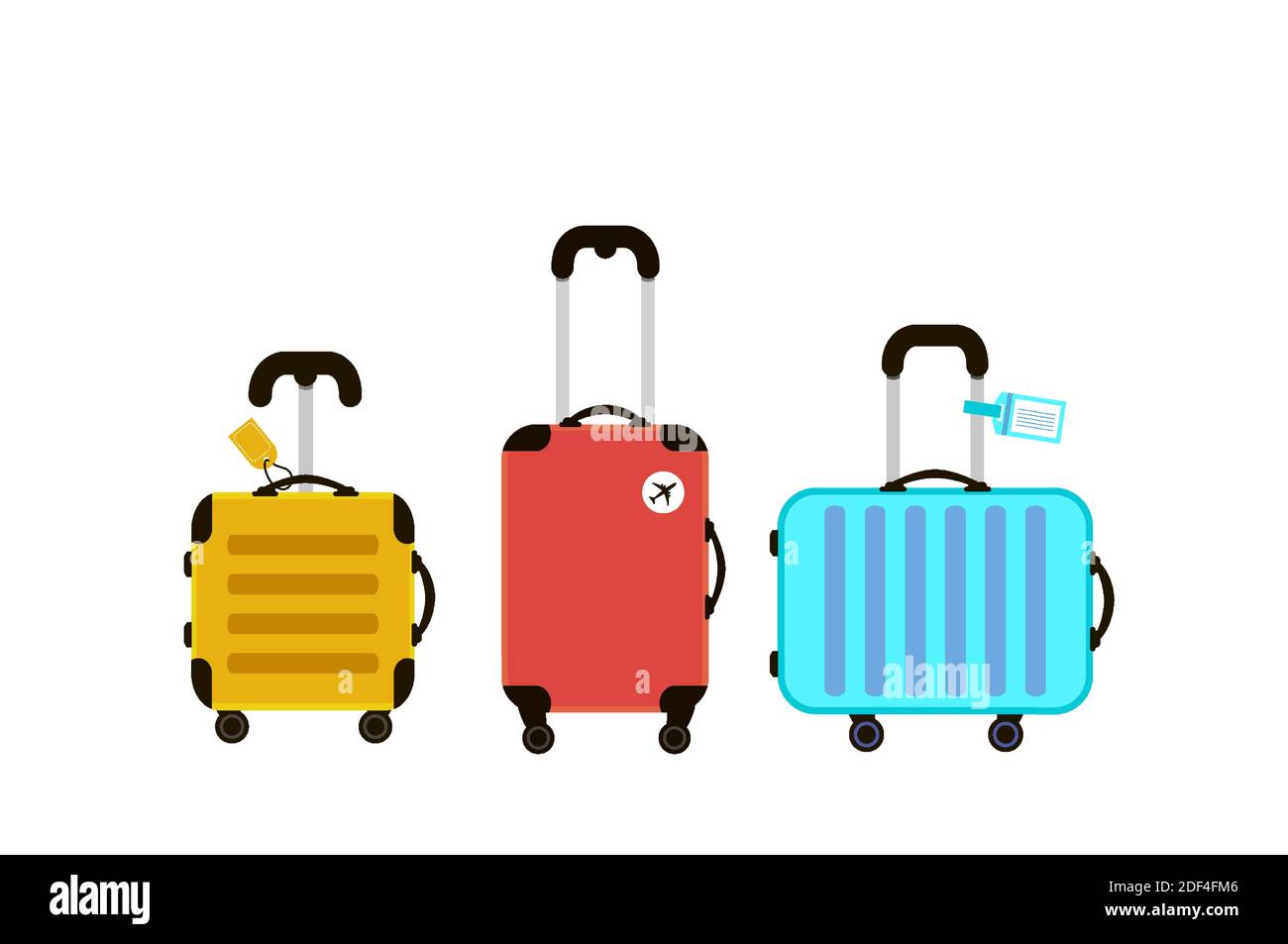 Trois valises de voyage. Temps de déplacement. Voyage dans le monde. Vacances. Vacances. Bannière de voyage. Sacs jaunes, rouges et bleus. Design moderne et plat. Vecteur Illustration de Vecteur