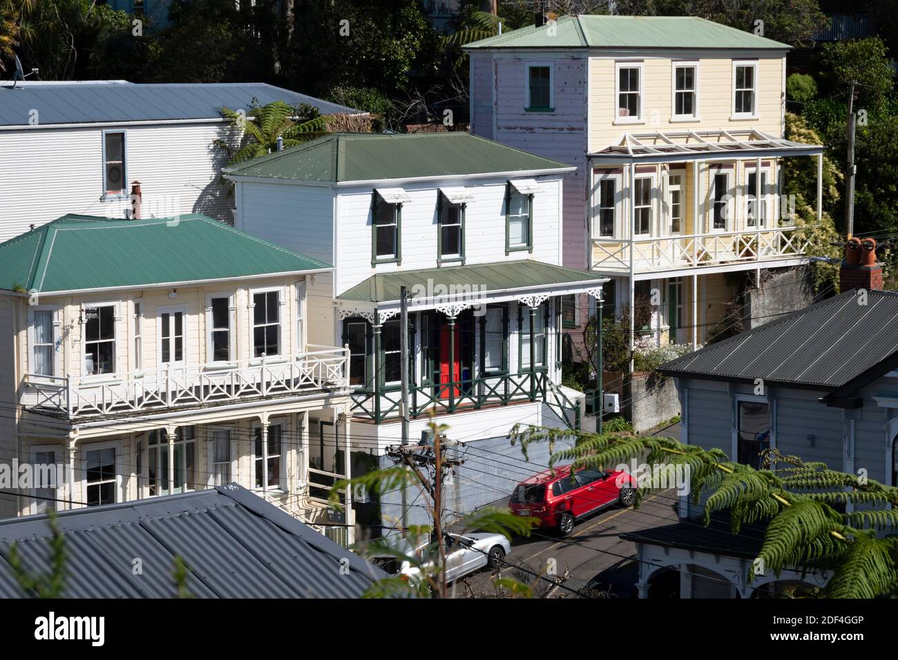 Vieilles maisons en bois, Upton Terrace, Thorndon, Wellington, Île du Nord, Nouvelle-Zélande Banque D'Images