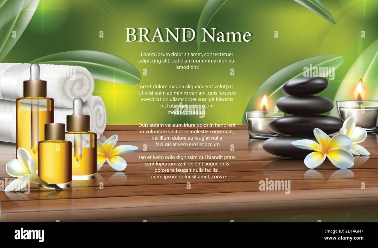 Composition spa avec éléments réalistes soins spa avec serviette blanche, massage et huiles essentielles, bougies et fleurs exotiques sur Eco green et woode Illustration de Vecteur
