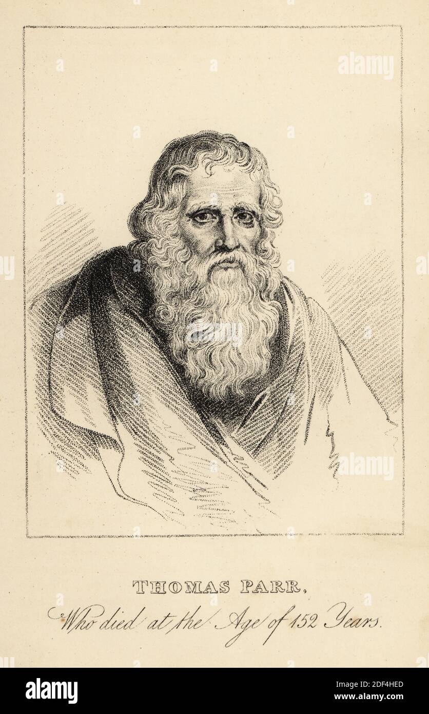 Thomas Parr, décédé à l'âge de 152 ans. L'ancien Tom Parr ou Old Parr a épousé Jane Taylor à l'âge de 80 ans, a eu une liaison avec Katharin Milton à l'âge de 105 ans et a épousé Jane Adda (ou Jane Lloyd) à l'âge de 122 ans. (Selon Grainger, il a épousé Catherine Milton à l'âge de 120 ans.) Face du whisky Old Parr. Lithographie après une gravure en quelques traits de R. page après un portrait de Peter Paul Rubens de Henry Wilson et de James Caulfield’s Book of Wonderful Characters, Memoirs and anecdotes, of Remarkable and excentrique Persons in all age and countries, John Camden Hotten, Piccadilly, Londres, 1869. Banque D'Images