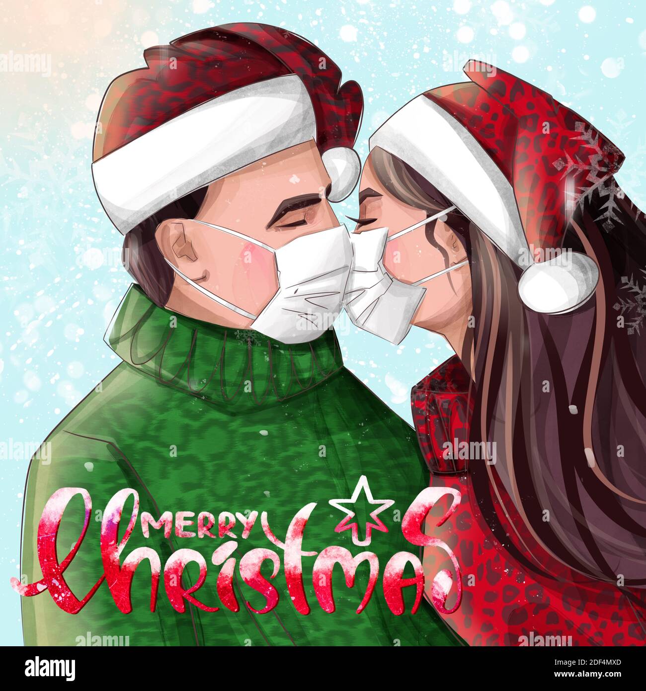 vacances d'hiver, pandémie et concept de santé - couple de bisous dans les chandails portant le visage masque médical de protection pour la protection contre les maladies virales Banque D'Images