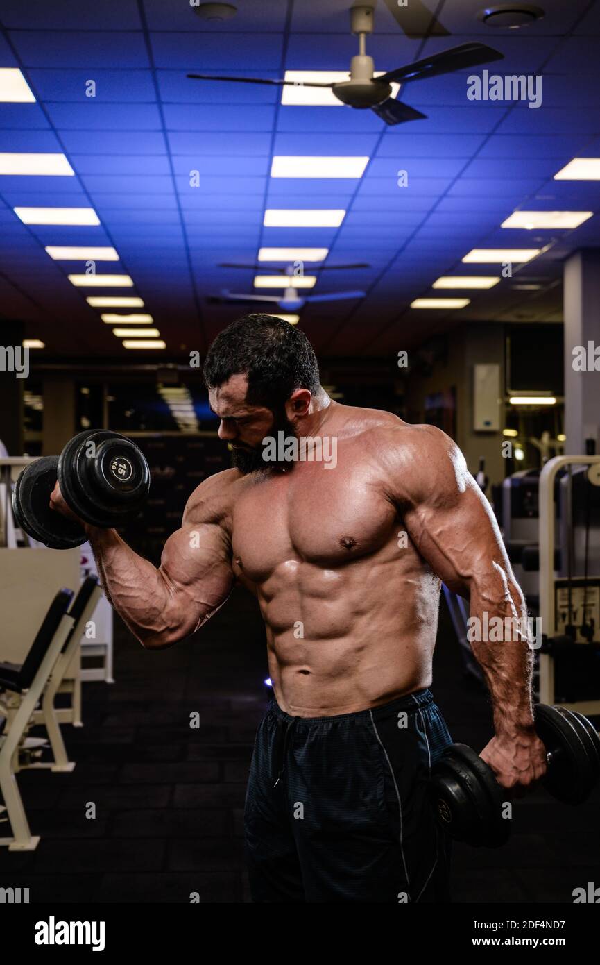 musculeux barbu homme caucasien fort avec des haltères pendant l'entraînement intensif entraînez-vous dans la salle de sport Banque D'Images
