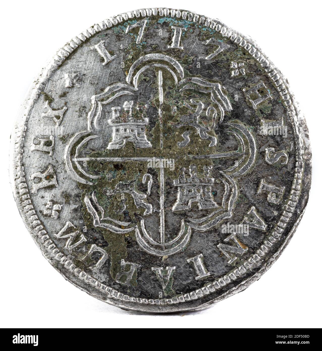 L'ancienne pièce d'argent espagnole du roi Felipe C. 1717. Inventé à Madrid. 2 reales. Marche arrière. Banque D'Images