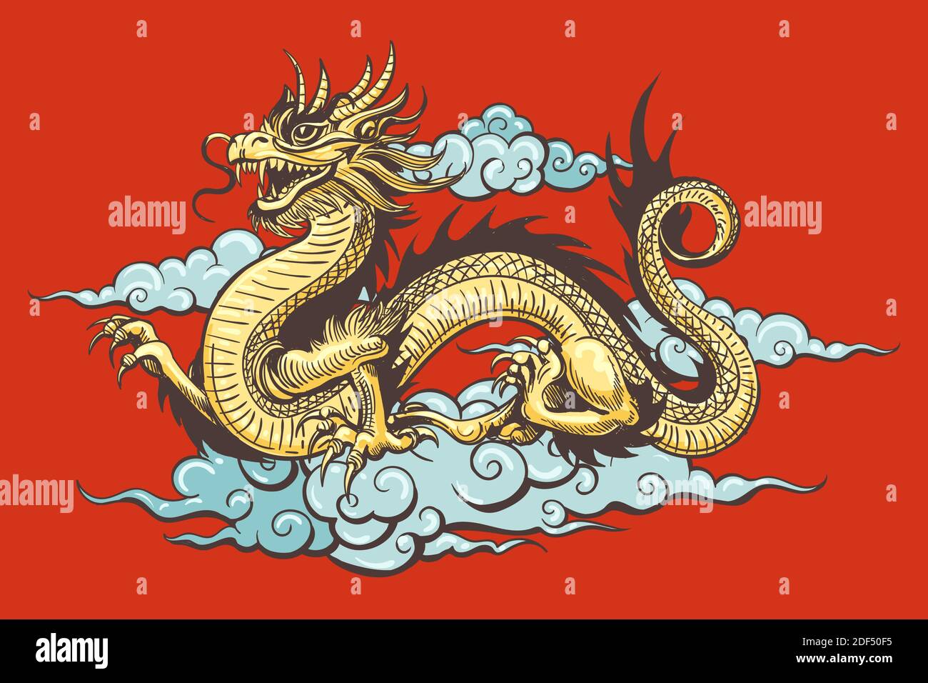 Dragon traditionnel chinois doré dans le ciel sur fond rouge. Illustration vectorielle. Illustration de Vecteur