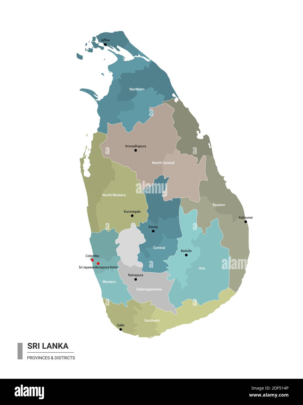 Carte détaillée du higt Sri Lanka avec subdivisions. Carte administrative du Sri Lanka avec le nom des districts et des villes, coloré par les États et l'administration di Illustration de Vecteur