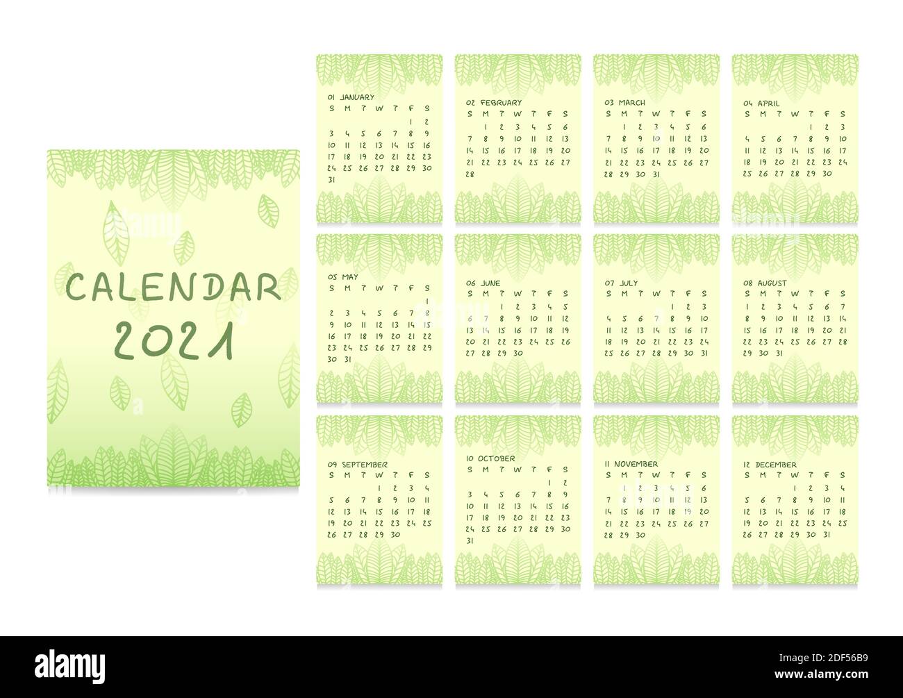 modèle de calendrier annuel de 2021 ans avec fleurs saisonnières abstraites dans un style minimaliste. Ensemble de calendrier mensuel mural de 12 mois 2021 pages prêtes pour p Illustration de Vecteur