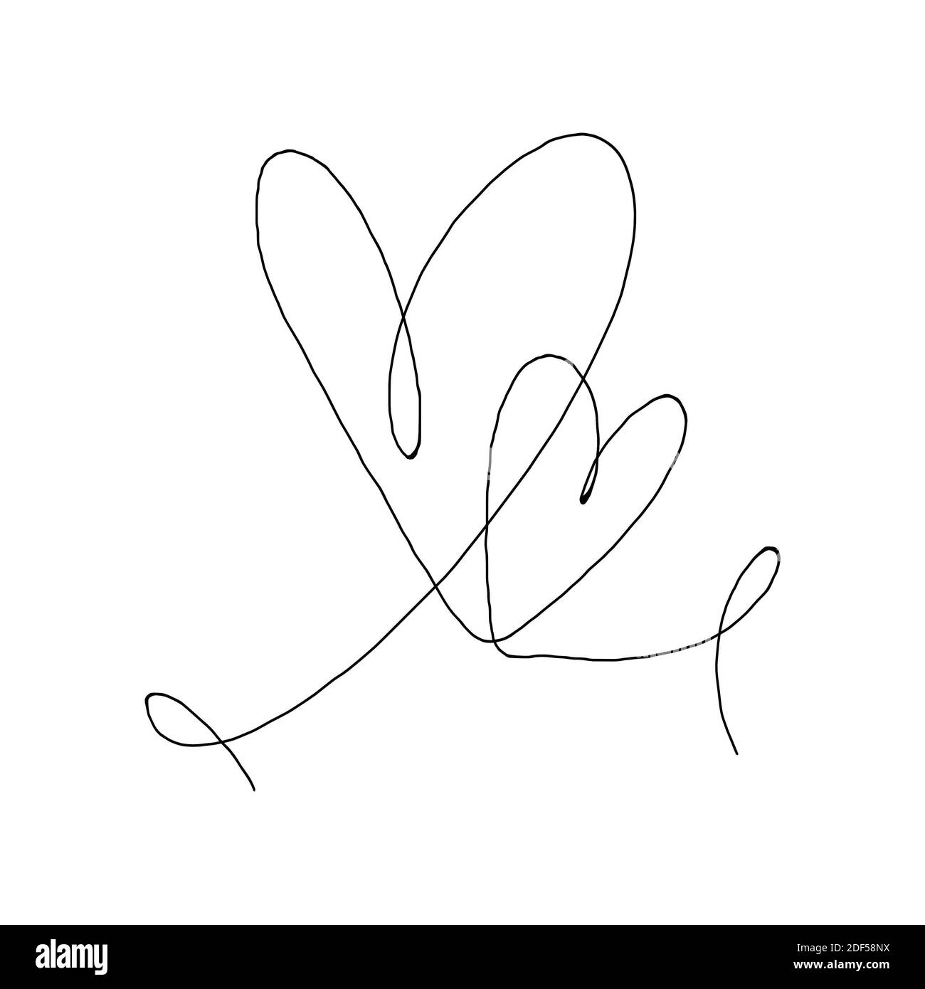Deux coeurs dessinés à la main avec un contour noir isolé sur fond blanc. Ligne continue sous forme de cœur. Mise en plan d'une ligne. Modèle pour t-shirt, poste Banque D'Images