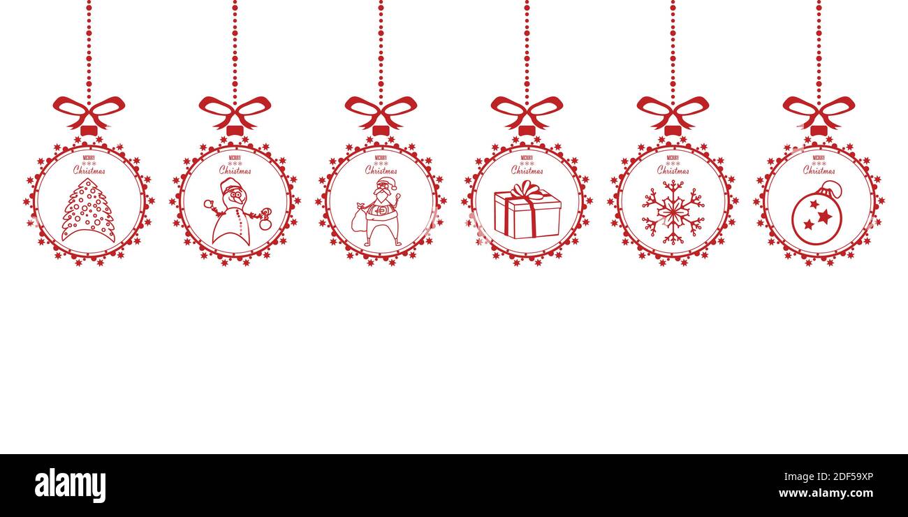 Ensemble de boules de Noël suspendues sur fond blanc.bannière, bordure, cadre avec boules avec Père Noël, bonhomme de neige, boîte cadeau, sapin, flocon de neige et espace de copie.Vector Illustration de Vecteur