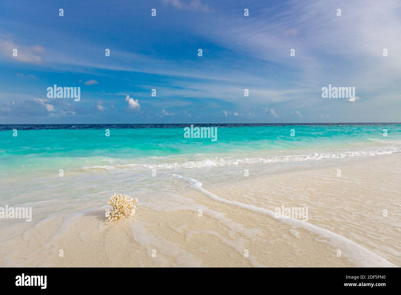 Gros plan de sable sur la plage et ciel bleu d'été. Paysage de plage panoramique. Paysage marin tropical vide. Ambiance d'été relaxante, ambiance positive Banque D'Images