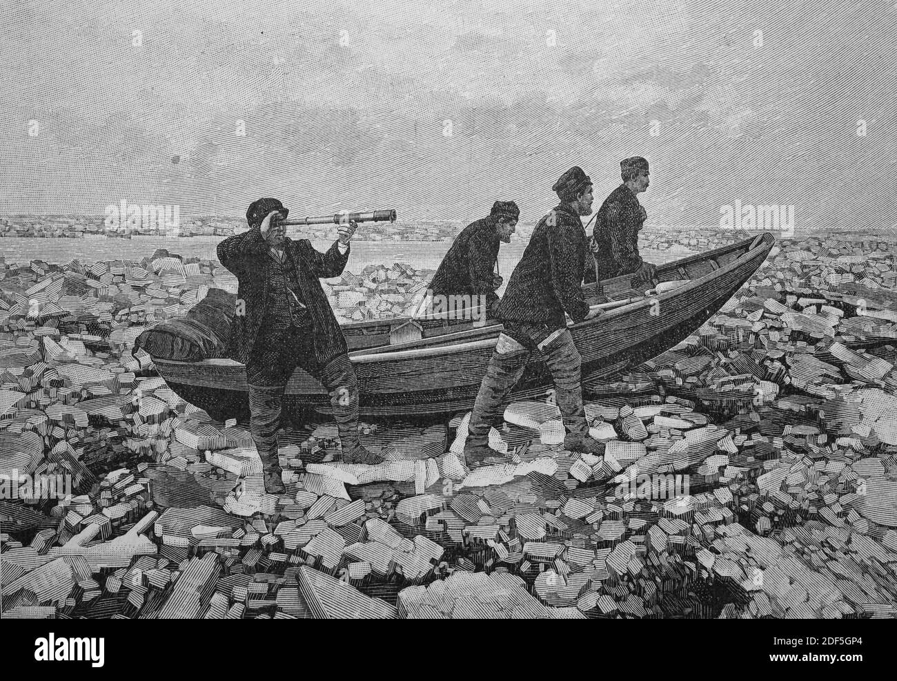 Voyage avec le bateau à glace, une équipe de chasseurs d'ours pris dans la glace avec le bateau, Groenland, 1892 / Fahrt mit dem Eisboot, ein Team von Bärenjägern mit dem Boot im Packeis gefangen, Grönland, 1892, Historisch, historique, Digital reproduction améliorée d'un original du 19ème siècle / digitale Reproduktion einer Originalvorlage aus dem 19. Jahrhundert Banque D'Images